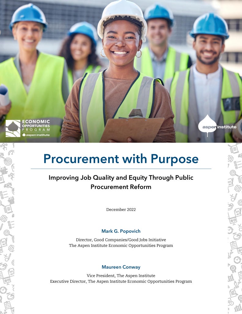 Cover page for the publication, “Procurement with Purpose: Improving Job Quality and Equity Through Public Procurement Reform.”