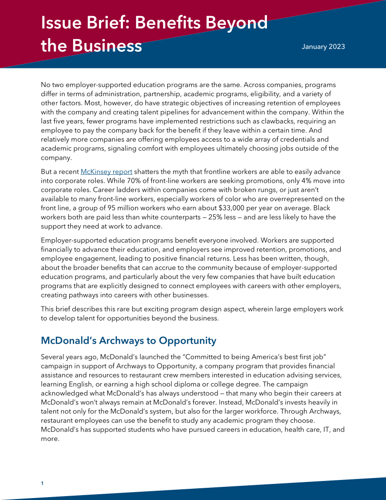Cover page of the publication, “Issue Brief: Benefits Beyond the Business”