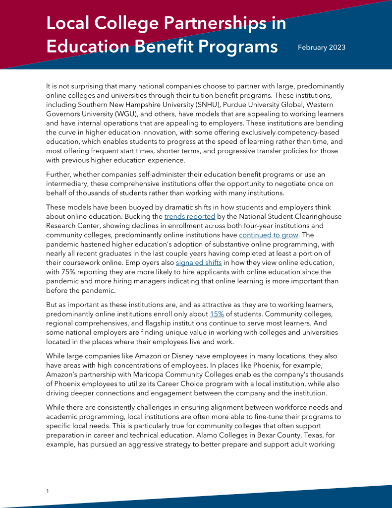 Cover page of the publication, "Local College Partnerships in Education Benefit Programs"