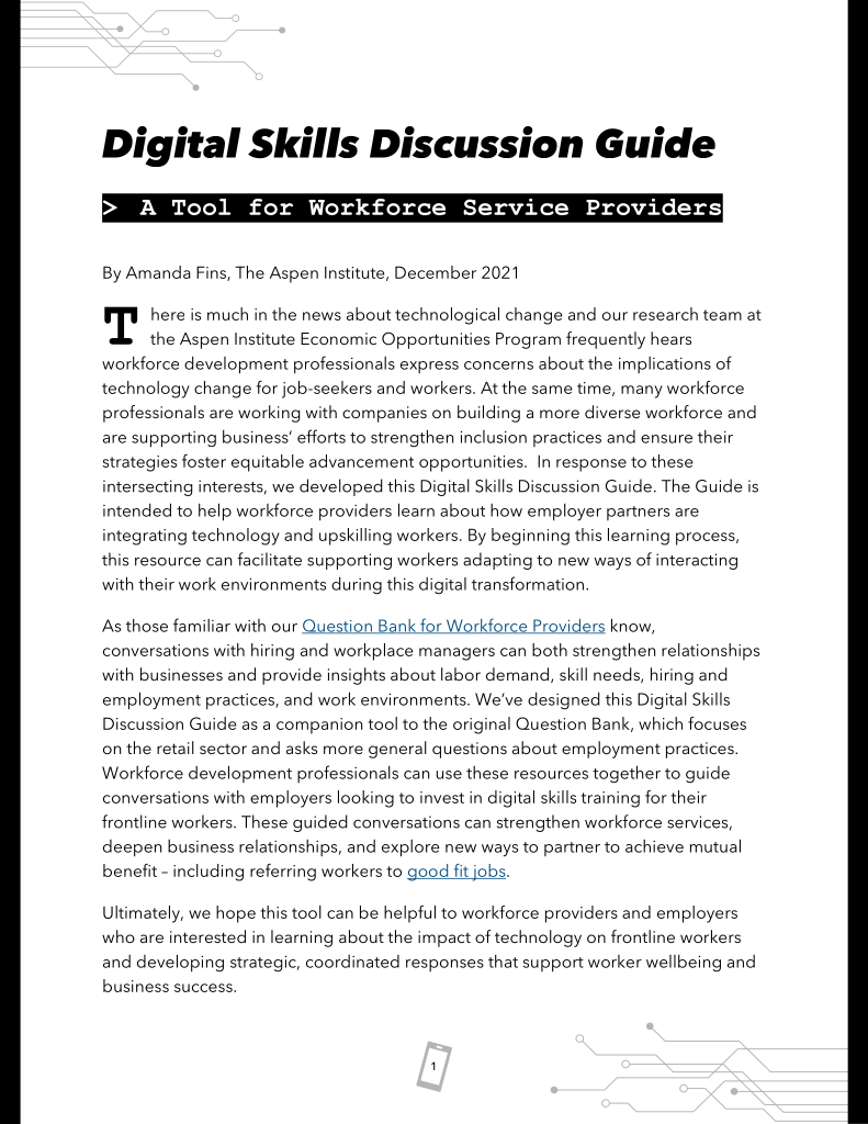 Screenshot of the cover page for the report, "Digital Skills Discussion Guide"