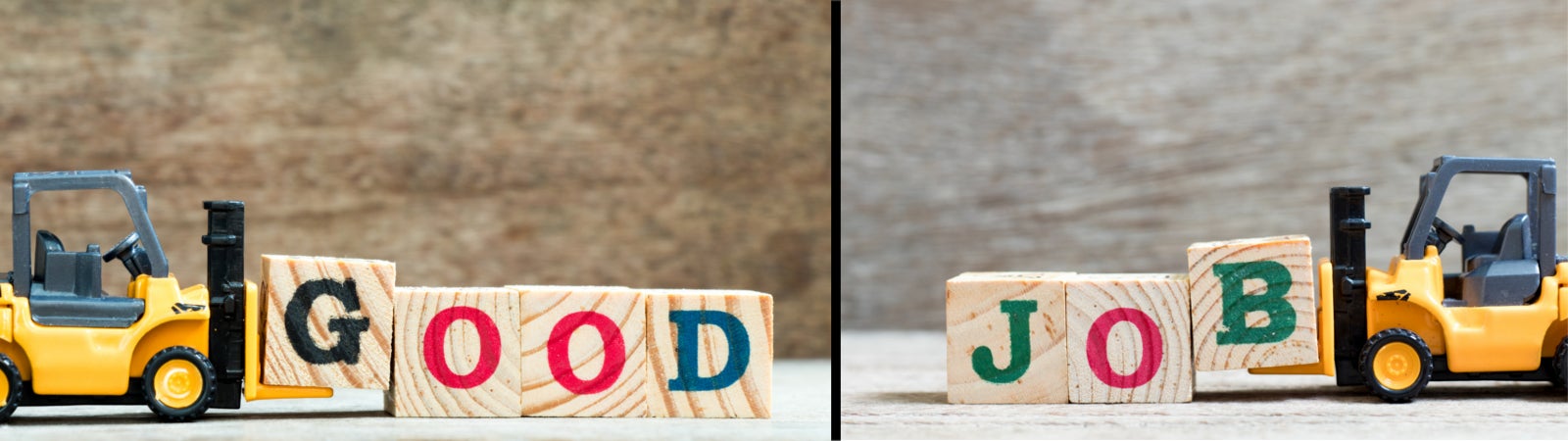Toy forklifts using wooden letter blocks to spell the words "good" and "job"