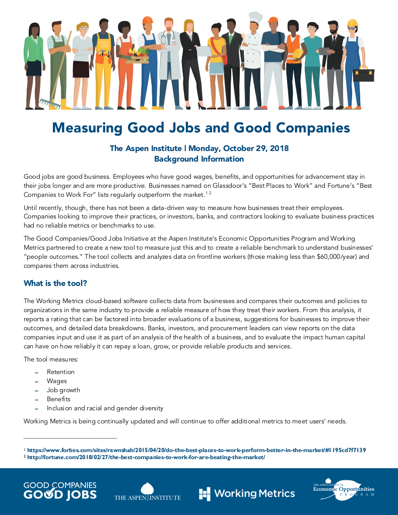 Cover for "Measuring Good Jobs and Good Companies" Backgrounder