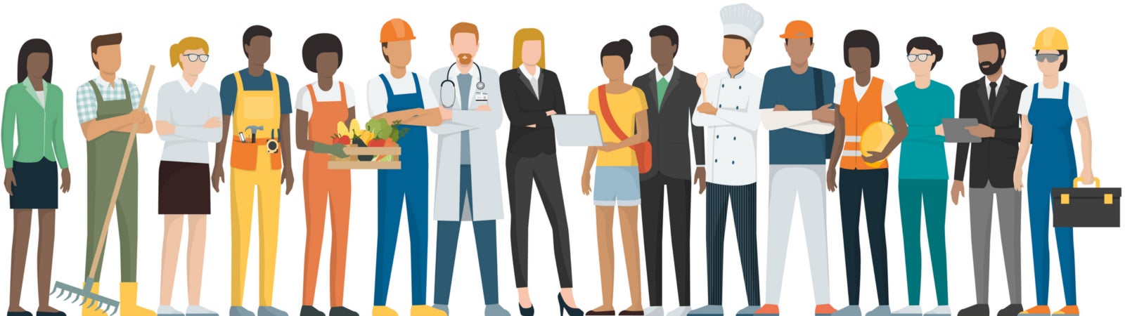 Workers of many different occupations standing together