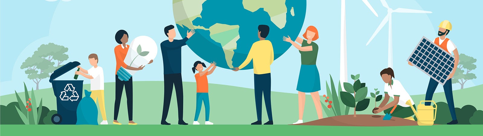 An illustration of a diverse group of people, some young, some old, standing on a green grassy area and all working to hold up an earth.